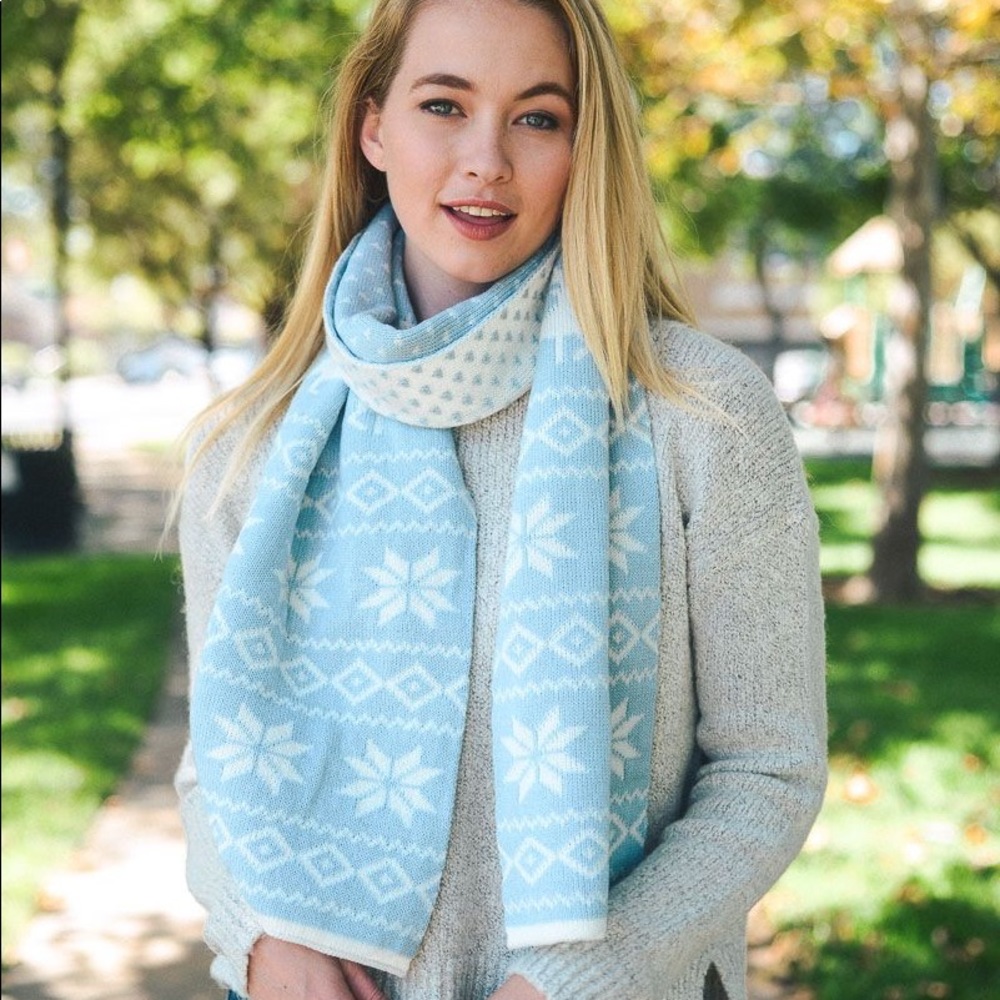 Fair Isle Snowflake Knit Scarf in Powder Blue